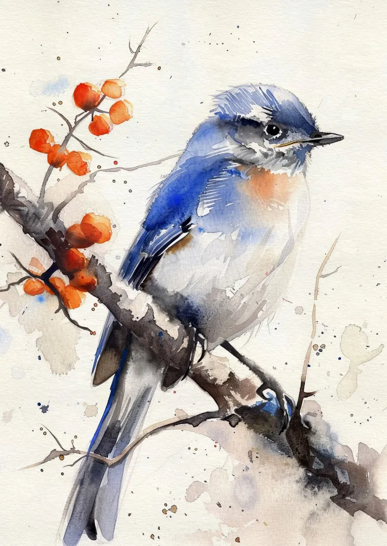 Bluebird Branch Print on Matte Paper | Garden Bird Wall Art