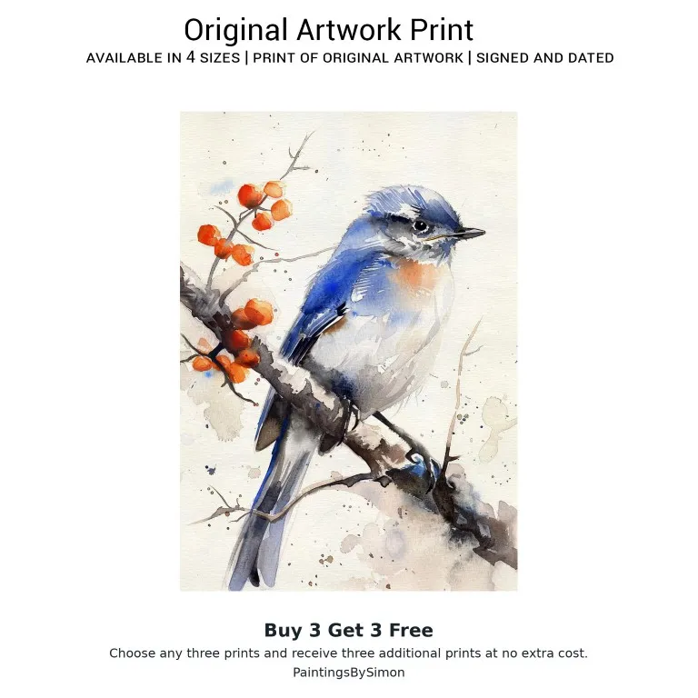 Bluebird Branch Print on Matte Paper | Garden Bird Wall Art