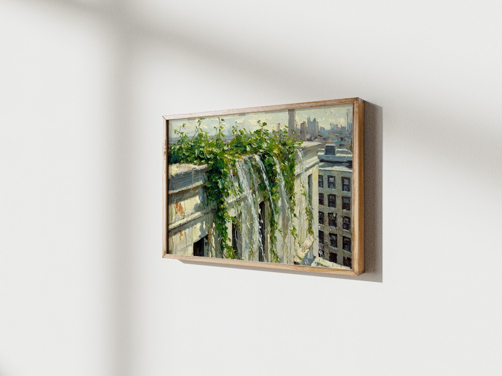 Urban overgrowth painting showcasing cascading vines on a city rooftop.