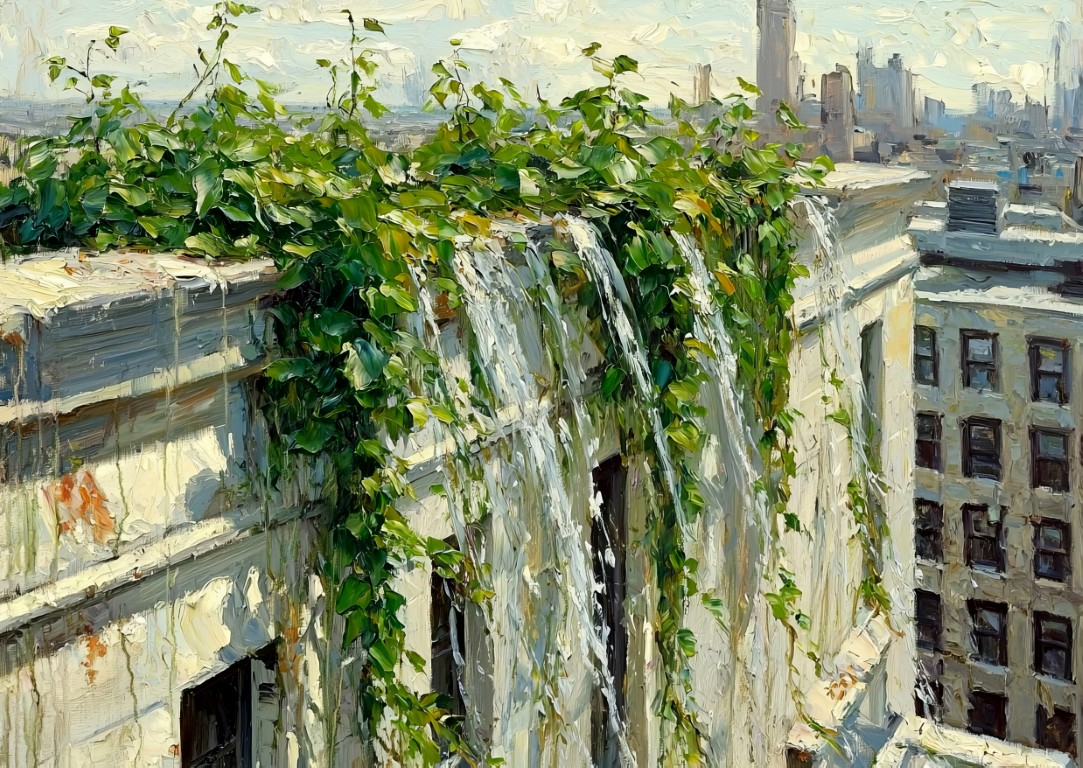 Cityscape with nature reclaiming an old weathered building.