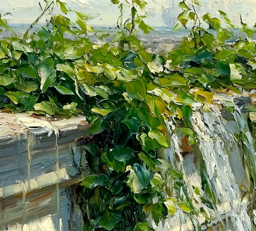 Rooftop greenery artwork blending urban decay with natural beauty.