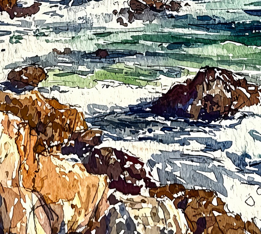 Dreamy maritime watercolor capturing a quiet moonlit coastal scene