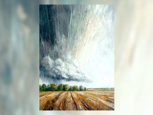 Storm clouds with rain streaks over golden fields.