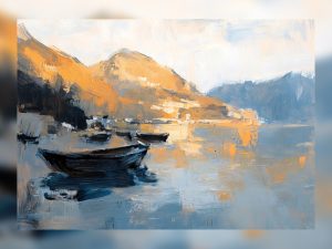 Sunset-lit mountains and a calm harbor scene.