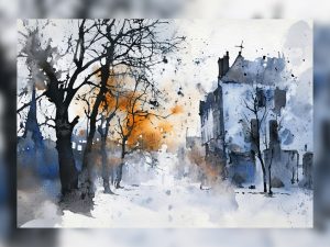 Winter urban landscape with bare trees and orange highlights.