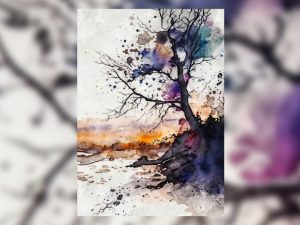 Abstract winter tree with vibrant purple, orange, and blue splashes.