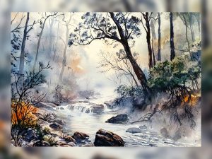 Soft morning light illuminating a peaceful forest scene.