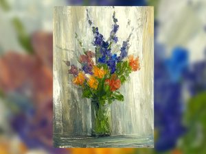 Vibrant flower bouquet in textured brushstrokes with bold colors.
