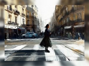Elegant painting of a Parisian street with classic architecture and bustling life.