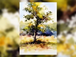 Watercolor painting of a lone tree in a sunlit meadow.