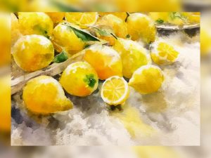 Watercolor painting of fresh lemons in a vibrant still life composition.