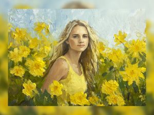 Impressionist oil painting of a woman in a vibrant sunflower field.