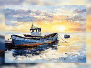 Oil painting of a weathered fishing boat at sunset.