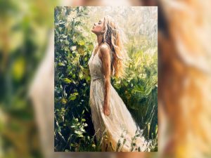 Dreamy oil painting of a woman standing in a sunlit meadow.