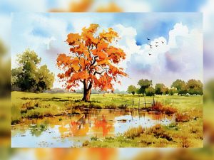 Autumn reflection painting with a vibrant golden tree mirrored in a pond.