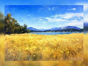 Oil painting of a golden meadow leading to a blue lake and distant mountains
