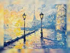 Impressionist oil painting of Paris streetlights reflecting on wet pavement