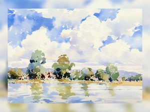 Serene watercolor painting of a tranquil river reflecting a vast sky