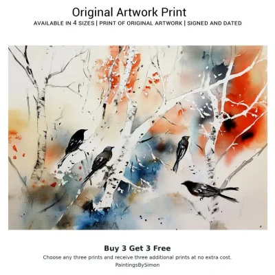 Birds Birch Tree Print on Matte Paper | Woodland Bird Wall Art