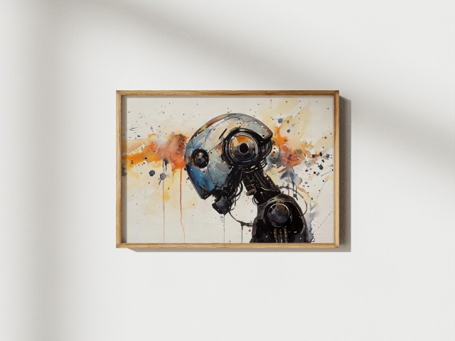 A detailed watercolor and ink painting of a robot's head in profile with expressive orange and blue paint splatters by Simon Rudd Studio.