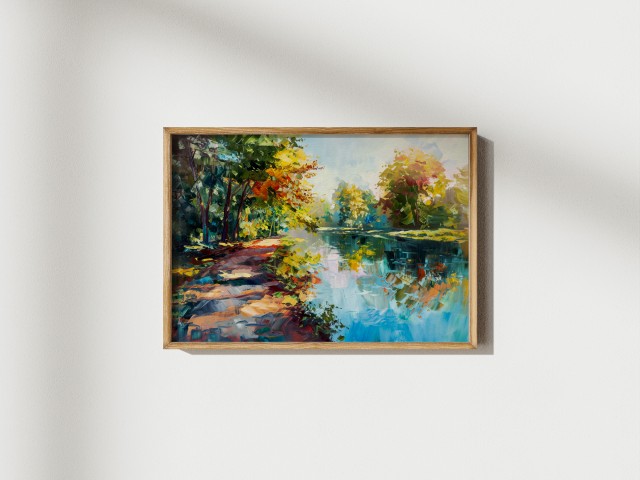 Vibrant oil painting of a sun-dappled riverbank with blue water and colorful trees in a thick impasto style by Simon Rudd Studio.