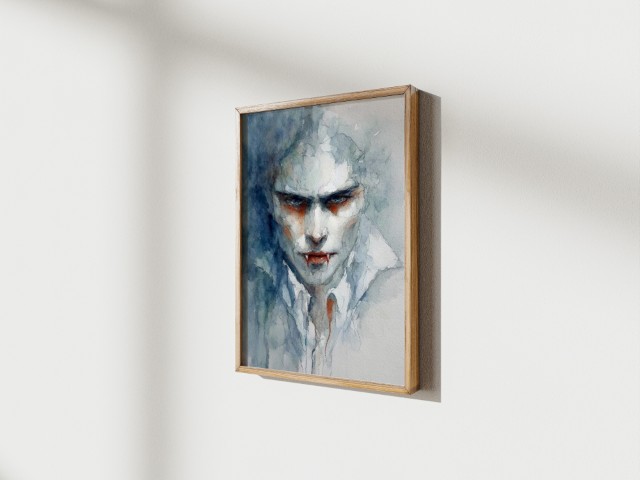 Ethereal watercolor portrait of a vampire with blue eyes and crimson fangs on high-quality matte paper by Simon Rudd Studio.