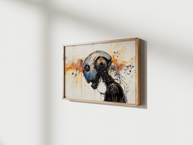 A detailed watercolor and ink painting of a robot's head in profile with expressive orange and blue paint splatters by Simon Rudd Studio.