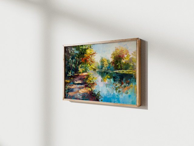 Vibrant oil painting of a sun-dappled riverbank with blue water and colorful trees in a thick impasto style by Simon Rudd Studio.