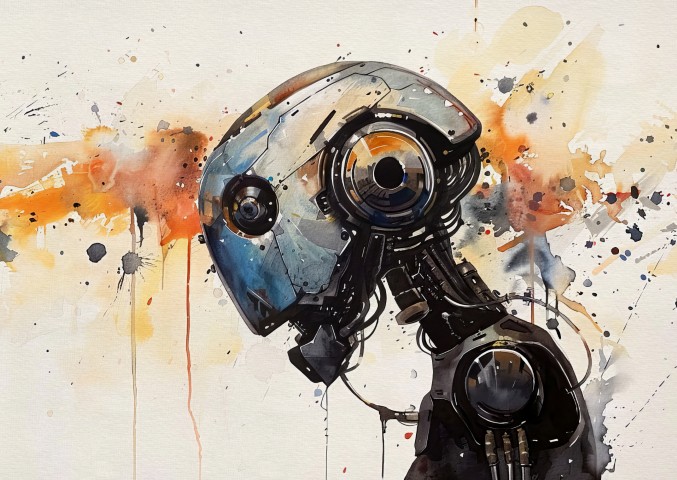 A detailed watercolor and ink painting of a robot's head in profile with expressive orange and blue paint splatters by Simon Rudd Studio.