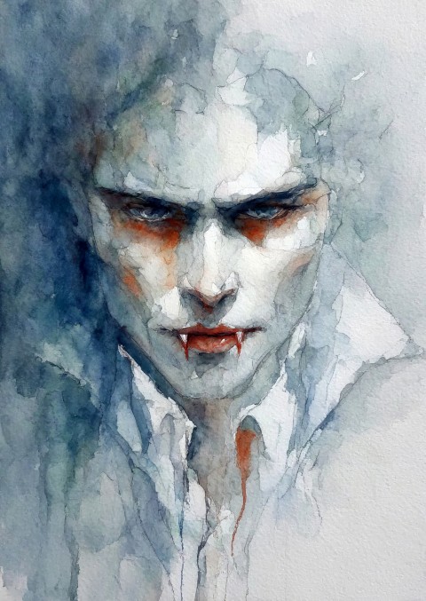 Ethereal watercolor portrait of a vampire with blue eyes and crimson fangs on high-quality matte paper by Simon Rudd Studio.