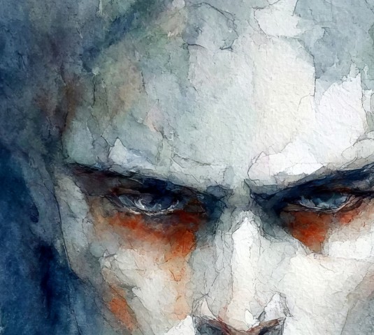 Ethereal watercolor portrait of a vampire with blue eyes and crimson fangs on high-quality matte paper by Simon Rudd Studio.