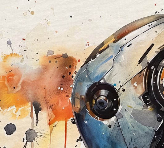 A detailed watercolor and ink painting of a robot's head in profile with expressive orange and blue paint splatters by Simon Rudd Studio.