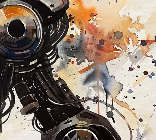 A detailed watercolor and ink painting of a robot's head in profile with expressive orange and blue paint splatters by Simon Rudd Studio.