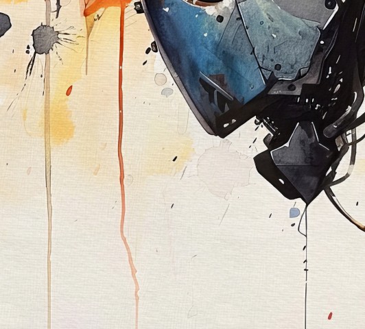 A detailed watercolor and ink painting of a robot's head in profile with expressive orange and blue paint splatters by Simon Rudd Studio.
