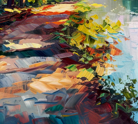 Vibrant oil painting of a sun-dappled riverbank with blue water and colorful trees in a thick impasto style by Simon Rudd Studio.