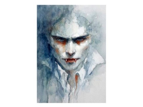 Ethereal watercolor portrait of a vampire with blue eyes and crimson fangs on high-quality matte paper by Simon Rudd Studio.