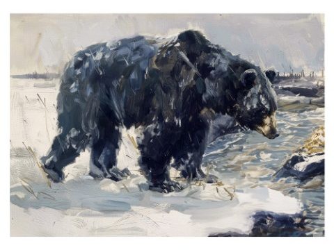 A dark bear walking along a snowy, icy riverbank, an expressive watercolor and ink painting print by Simon Rudd Studio.