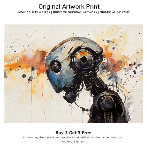 A detailed watercolor and ink painting of a robot's head in profile with expressive orange and blue paint splatters by Simon Rudd Studio.