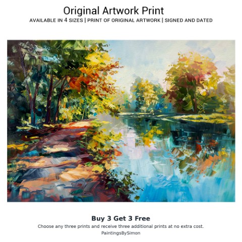 Vibrant oil painting of a sun-dappled riverbank with blue water and colorful trees in a thick impasto style by Simon Rudd Studio.