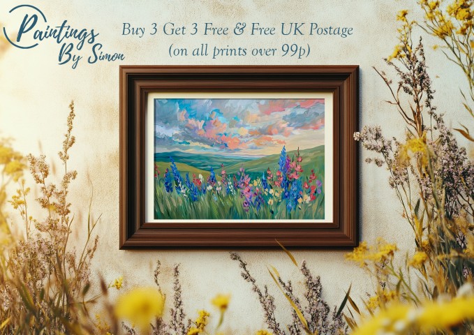 Vibrant oil painting of blue and pink wildflowers in a rolling green meadow under a dramatic sunset sky by Simon Rudd Studio.