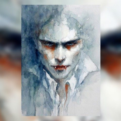 Ethereal watercolor portrait of a vampire with blue eyes and crimson fangs on high-quality matte paper by Simon Rudd Studio.