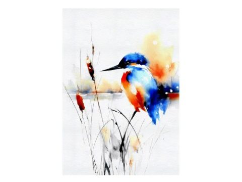 A vibrant blue and orange Kingfisher perched on reeds, an expressive watercolor painting print by Simon Rudd Studio