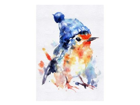 A whimsical watercolor painting of a small orange and yellow bird wearing a cozy deep blue knit beanie with a pom-pom.