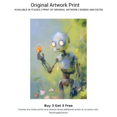 Whimsical oil painting of a gentle robot holding a butterfly in a sunny wildflower meadow, featuring thick impasto texture by Simon Rudd Studio.
