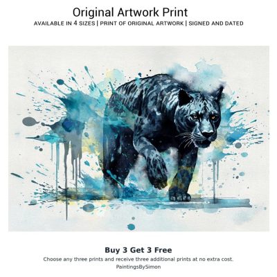 Expressive watercolor painting of a black panther prowling through vibrant blue and teal paint splatters by Simon Rudd Studio.